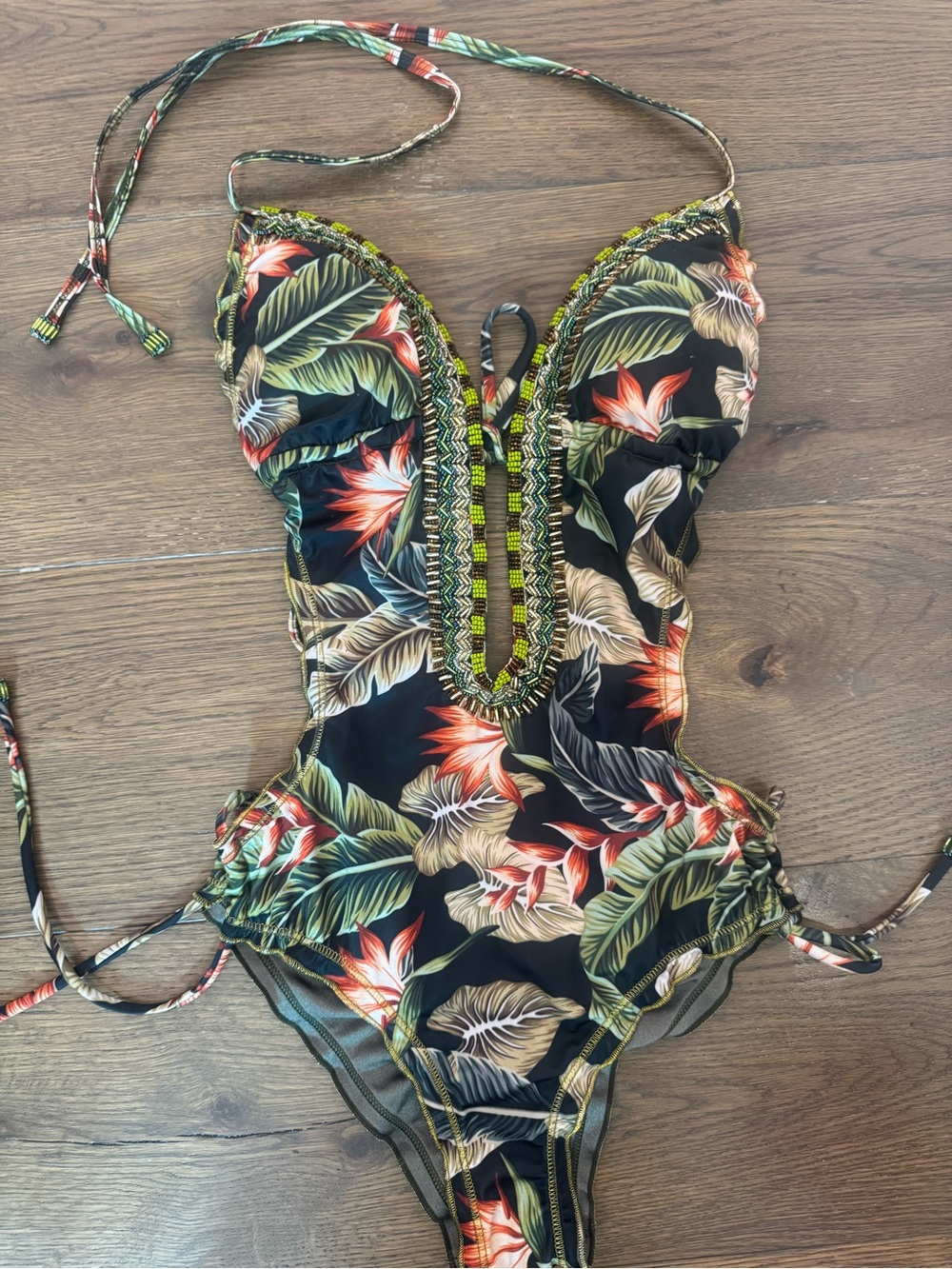 Tropical Floral One-Piece Swimsuit - Black with Green & Coral Print